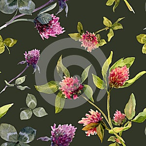 Watercolor seamless pattern, clover leaves and red beetle with black spots on dack green background.