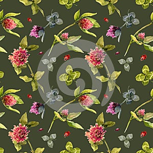 Watercolor seamless pattern, clover leaves and red beetle with black spots on dack green background. hand draw