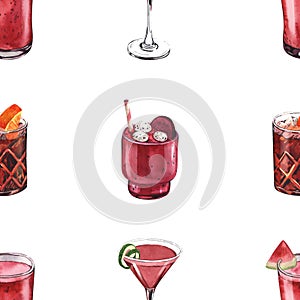 Watercolor seamless pattern, cocktail glasses: cosmopolitan, negroni, watermelon, dragonfruit. Hand-drawn illustration