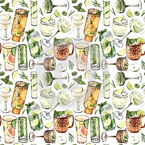 Watercolor seamless pattern, cocktail glasses: martini,mojito,liquor,rum,moscow mule. Hand-drawn illustration isolated