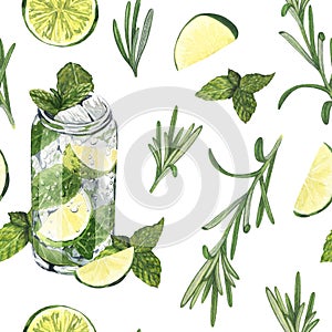 Watercolor seamless pattern, cocktail glasses:mojito,tequila, lime,matcha,cucumber. Hand-drawn illustration isolated on