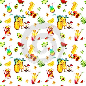 Watercolor seamless pattern with cocktails and various fruits.