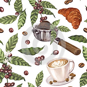 Watercolor seamless pattern coffee beans, branch with berries, portafilter and cup latte of coffee.Illustration isolated