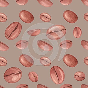 Watercolor seamless pattern with coffee beans isolated on brown background