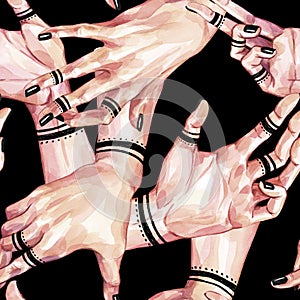 Watercolor seamless pattern, collection of girls hands with mehendi on black background. Body parts. Gestures and hand