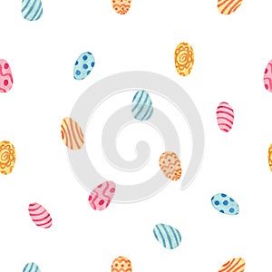 Watercolor seamless pattern with colorful Easter eggs on white