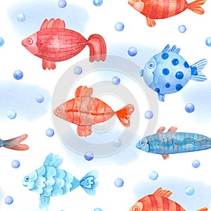 Watercolor seamless pattern with colorful fish