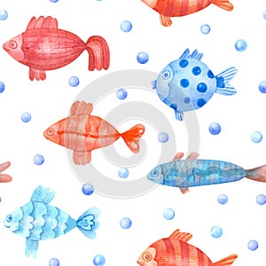 Watercolor seamless pattern with colorful fish