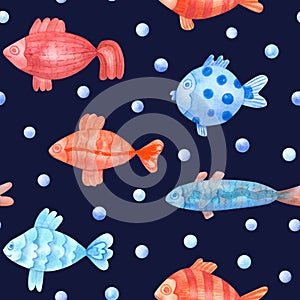 Watercolor seamless pattern with colorful fish and pearls on navy blue background