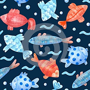 Watercolor seamless pattern with colorful fish, waves and pearls on navy blue