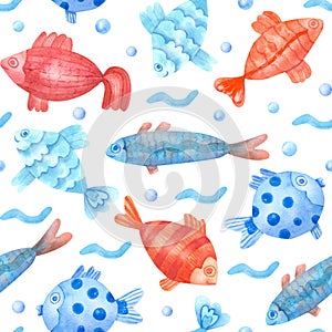 Watercolor seamless pattern with colorful fish, waves and pearls on white