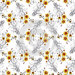 Watercolor seamless pattern with colorful flowers and leaves on white background, watercolor floral pattern, flowers in