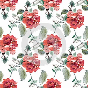 Watercolor seamless pattern with colorful flowers and leaves on white background, watercolor floral pattern, flowers in