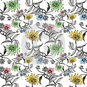 Watercolor seamless pattern with colorful flowers and leaves on white background, watercolor floral pattern, flowers in