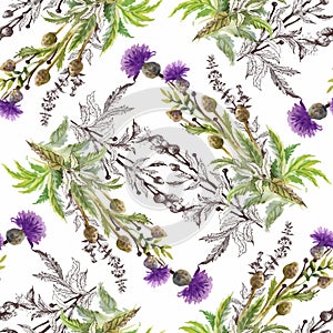 Watercolor seamless pattern with colorful flowers and leaves on white background, watercolor floral pattern, flowers in