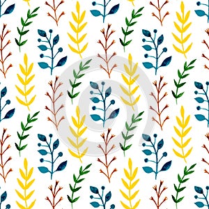 Watercolor seamless pattern with colorful leaves and branches. Hand paint vector seasonal background. Can be used for wrapping, te