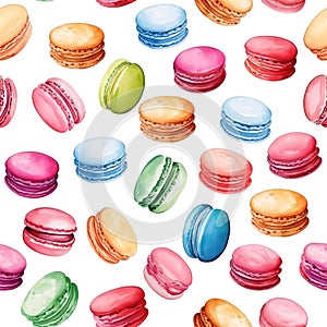 Watercolor seamless pattern with colorful macarons isolated on white background