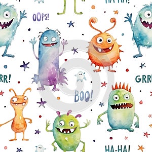 Watercolor seamless pattern with colorful Monsters and Expressive Words