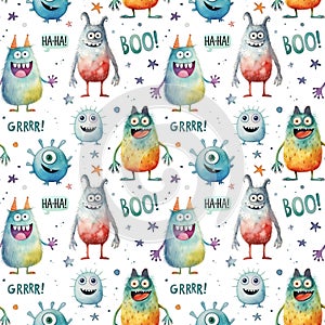 Watercolor seamless pattern with colorful monsters isolated on white background