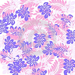 Watercolor seamless pattern with colourful leaf. Romantic wedding background. Blue and pink bright summer seamless pattern.