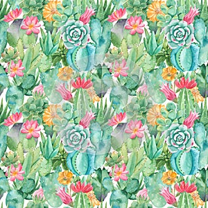 Watercolor seamless pattern with compositions of succulents, flowers.