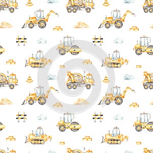 Watercolor seamless pattern with construction vehicles, concrete truck, bulldozer, road roller, tractor on a white background photo