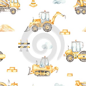 Watercolor seamless pattern with construction vehicles, concrete truck, bulldozer, road roller, tractor on a white background