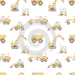 Watercolor seamless pattern with construction vehicles, dump truck, grader, forklift, bulodozer, excavator on a white background