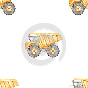 Watercolor seamless pattern with construction vehicles dump trucks on a white background