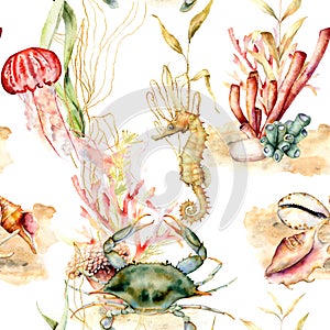 Watercolor seamless pattern with coral plants, animals. Hand painted crab, jellyfish, seahorse and shell illustration