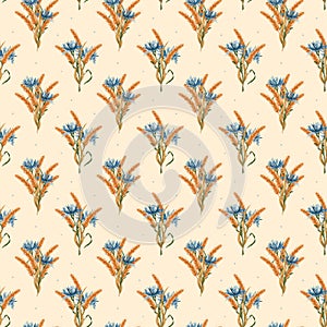 Watercolor seamless pattern with cornflowers and wheat bouquet. Yellow ears of wheat and blue cornflowers on a white