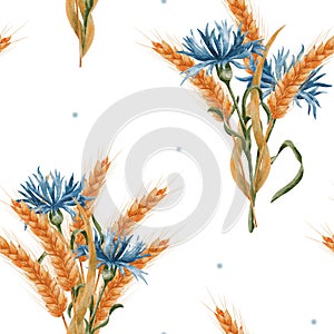 Watercolor seamless pattern with cornflowers and wheat bouquet. Yellow ears of wheat and blue cornflowers on a white