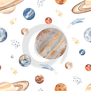 Watercolor seamless pattern cosmos with planets of the solar system mercury, mars, earth, venus, jupiter, saturn, neptune, pluto,