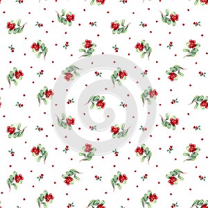 Watercolor seamless pattern of cowberries branch isolated on white background. Lingonberry, cranberry. Botanical illustration with