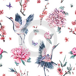 Watercolor seamless pattern with crane, blooming branches, peoni