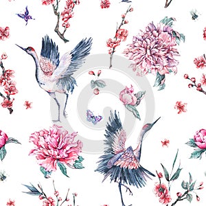 Watercolor seamless pattern with crane, blooming branches, peonies