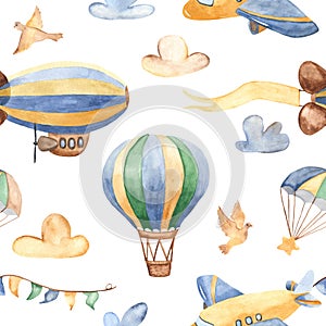 Watercolor seamless pattern with cute airplanes, helicopters, airship, balloon.