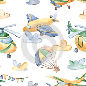 Watercolor seamless pattern with cute airplanes, helicopters, airship, balloon.