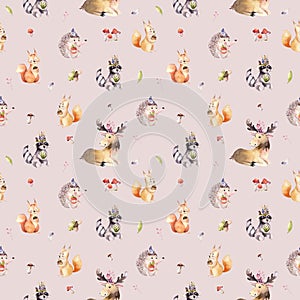 Watercolor seamless pattern of cute baby cartoon hedgehog, squirrel and moose animal for nursary, woodland forest
