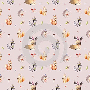 Watercolor seamless pattern of cute baby cartoon hedgehog, squirrel and moose animal for nursary, woodland forest photo