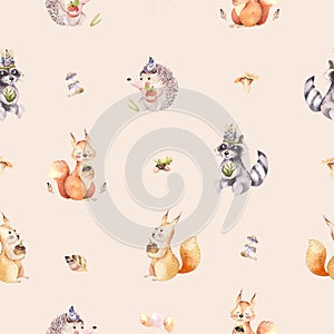 Watercolor seamless pattern of cute baby cartoon hedgehog, squirrel and moose animal for nursary, woodland forest