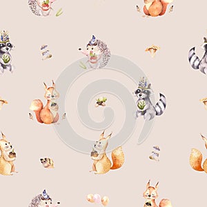 Watercolor seamless pattern of cute baby cartoon hedgehog, squirrel and moose animal for nursary, woodland forest