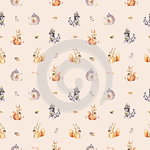 Watercolor seamless pattern of cute baby cartoon hedgehog, squirrel and moose animal for nursary, woodland forest