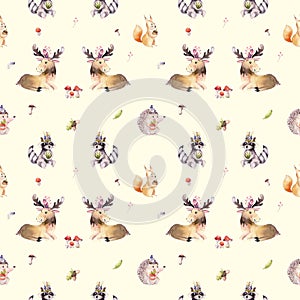 Watercolor seamless pattern of cute baby cartoon hedgehog, squirrel and moose animal for nursary, woodland forest