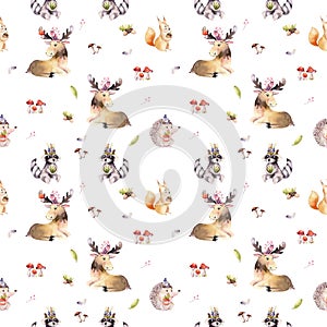 Watercolor seamless pattern of cute baby cartoon hedgehog, squirrel and moose animal for nursary, woodland forest