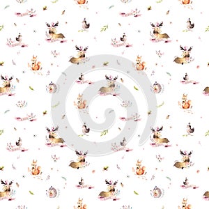 Watercolor seamless pattern of cute baby cartoon hedgehog, squirrel and moose animal for nursary, woodland forest