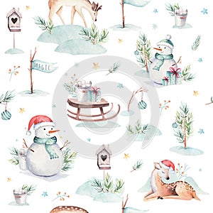 Watercolor seamless pattern with cute baby deer, snowman, bunny and deer cartoon animal portrait design. Winter holiday