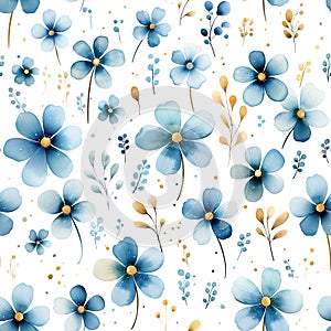 Watercolor seamless pattern with cute blue flowers isolated on white background