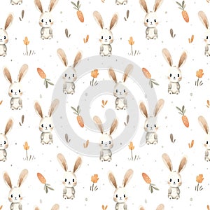 Watercolor seamless pattern with cute bunnies and carrots isolated on white background