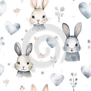 Watercolor seamless pattern with cute bunnies, hearts and soft botanical elements isolated on white background